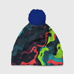 Шапка с помпоном Яркий кислотный абстрактный камуфляж, цвет: 3D-тёмно-синий
