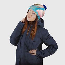 Шапка с помпоном Японский город вдали и цветущая Сакура у реки, цвет: 3D-тёмно-синий — фото 2