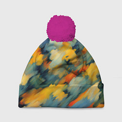 Шапка с помпоном Жёлтые и синие мазки, цвет: 3D-малиновый