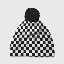 Шапка с помпоном Шахматное поле чёрно-белый, цвет: 3D-черный
