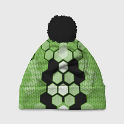Шапка c помпоном Зелёная кибер броня hexagons