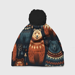 Шапка с помпоном Медведи индейцы, цвет: 3D-черный