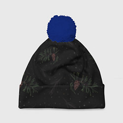 Шапка с помпоном Ветка елки с шишками на черном фоне, цвет: 3D-тёмно-синий