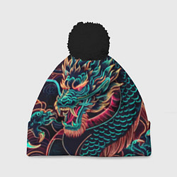 Шапка с помпоном Неоновое ирезуми японского дракона, цвет: 3D-черный