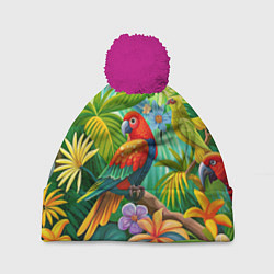 Шапка с помпоном Попугаи - экзотические птицы, цвет: 3D-малиновый