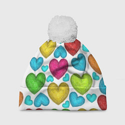Шапка с помпоном Сердца нарисованные цветными карандашами, цвет: 3D-белый
