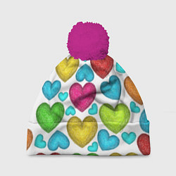 Шапка с помпоном Сердца нарисованные цветными карандашами, цвет: 3D-малиновый