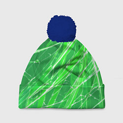 Шапка c помпоном Белые линии на зелёном фоне