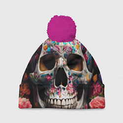 Шапка с помпоном Яркие цветы и череп, цвет: 3D-малиновый