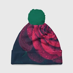 Шапка с помпоном Красная роза на чёрном - woman, цвет: 3D-зеленый