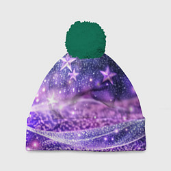 Шапка с помпоном Абстрактные звезды в фиолетовых искрах, цвет: 3D-зеленый
