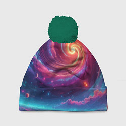 Шапка с помпоном Яркая неоновая галактика - нейросеть, цвет: 3D-зеленый