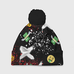 Шапка с помпоном Денежные смайлики и пачки долларов с крыльями, цвет: 3D-черный
