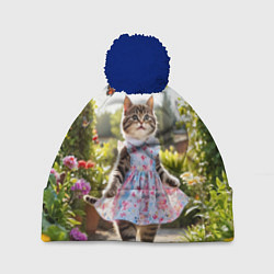 Шапка с помпоном Кошка в летнем платье в саду, цвет: 3D-тёмно-синий