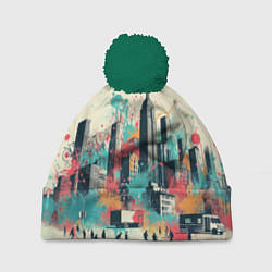 Шапка с помпоном Силуэты людей и небоскребов в брызгах краски, цвет: 3D-зеленый