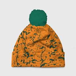 Шапка c помпоном Оранжевый с брызгами зеленой краски