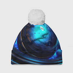 Шапка с помпоном Кислотная синяя яркая неоновая абстракция, цвет: 3D-белый