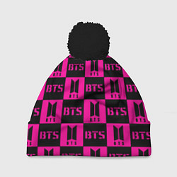 Шапка c помпоном BTS pattern pink logo