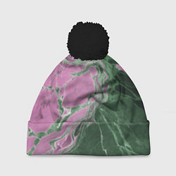 Шапка с помпоном Мрамор темно-зеленый с розовым, цвет: 3D-черный