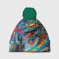 Шапка с помпоном Фантастическая композиция с драконом - нейросеть, цвет: 3D-зеленый
