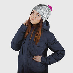 Шапка с помпоном Чёрные хаотичные линии на белом фоне, цвет: 3D-малиновый — фото 2