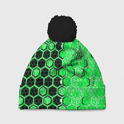 Шапка с помпоном Техно-киберпанк шестиугольники зелёный и чёрный с, цвет: 3D-черный