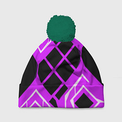 Шапка c помпоном Чёрные квадраты и белые полосы на фиолетовом фоне