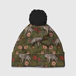 Шапка с помпоном Волки и шиповник, цвет: 3D-черный
