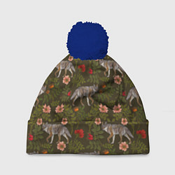 Шапка с помпоном Волки и шиповник, цвет: 3D-тёмно-синий