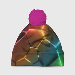 Шапка с помпоном Радужные неоновые плиты в разломе, цвет: 3D-малиновый
