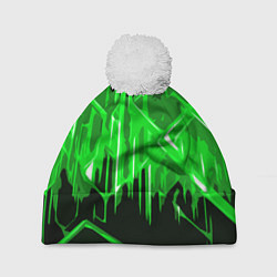 Шапка с помпоном Зелёная агрессивная абстракция на чёрном фоне, цвет: 3D-белый