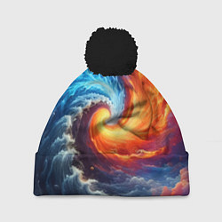 Шапка с помпоном Столкновение двух стихий - инь янь, цвет: 3D-черный