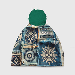 Шапка c помпоном Символы Апачи на пэчворк дениме