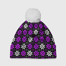 Шапка с помпоном Бело-фиолетовые звёзды на чёрном фоне, цвет: 3D-белый