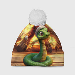 Шапка с помпоном Зеленая новогодняя змея 2025 года, цвет: 3D-белый
