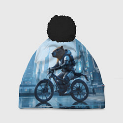 Шапка с помпоном Капибара мотоциклист, цвет: 3D-черный