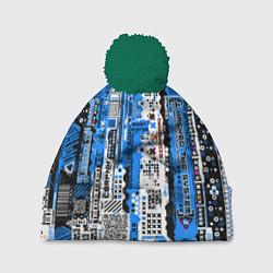 Шапка c помпоном Киберпанк паттерн синий
