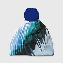 Шапка c помпоном Чёрно-синие острые полосы на белом фоне