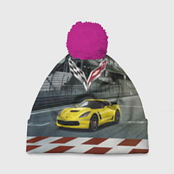 Шапка с помпоном Шевроле корвет - гоночная команда, цвет: 3D-малиновый