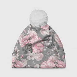 Шапка c помпоном Розовые розы на сером
