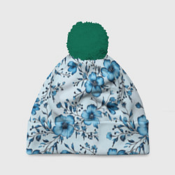 Шапка с помпоном Голубые цветы на светлом фоне паттерн, цвет: 3D-зеленый