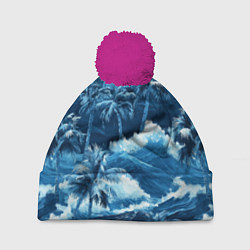 Шапка с помпоном Пальмы и волны - голубые оттенки паттерн, цвет: 3D-малиновый