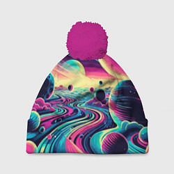 Шапка с помпоном Неоновый разноцветный космос, цвет: 3D-малиновый