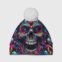 Шапка с помпоном Colorful cyber skull - pattern, цвет: 3D-белый