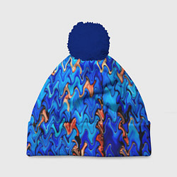 Шапка c помпоном Сине-голубой стекающая абстракция