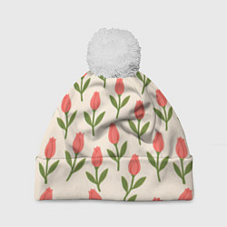 Шапка с помпоном Тюльпаны паттерн, цвет: 3D-белый