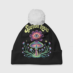 Шапка с помпоном Психоделический цветок с глазом и грибы, цвет: 3D-белый