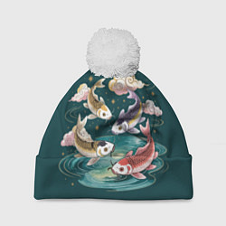 Шапка с помпоном Рыбы в облаках над прудом, цвет: 3D-белый