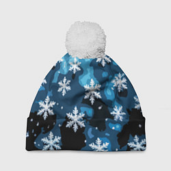 Шапка c помпоном Стилизованный паттерн со снежинками тёмно-синий