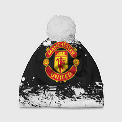 Шапка с помпоном Манчестер Юнайтед черно белые краски лого, цвет: 3D-белый
